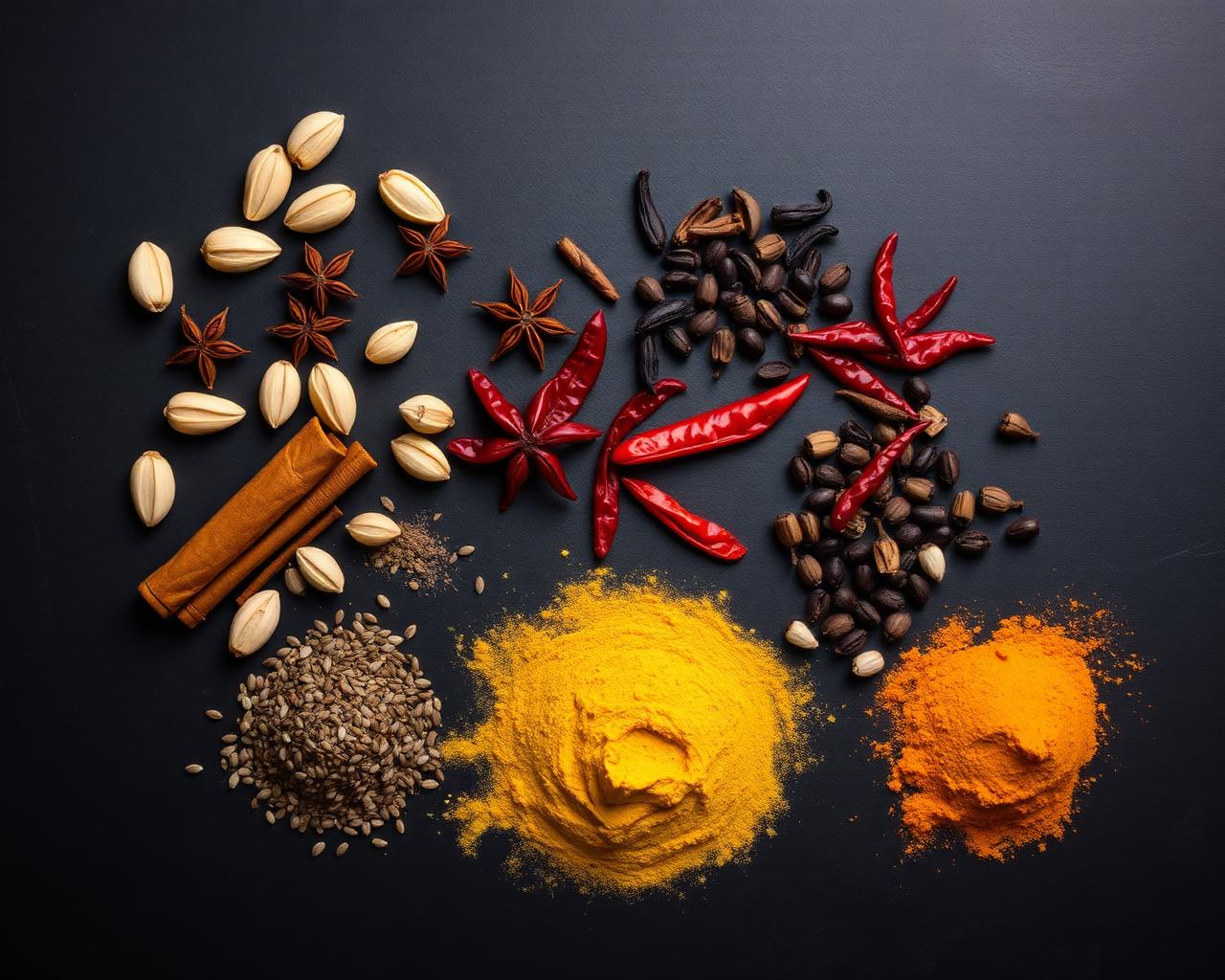 Whole Pakistani spices on dark surface
